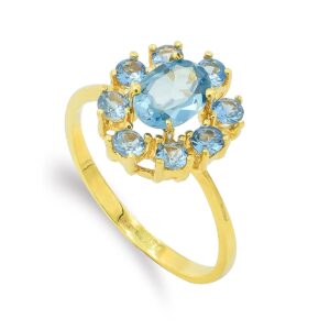 18K SORTIJA ORO AMARILLO CUAJO CIRCONITA COLOR AGUAMARINA. MEDIDA: 12 X 10MM