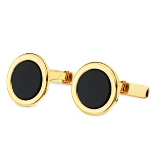 18K GEMELOS ORO AMARILLO REDONDOS CON ONIX 15 MM CIERRE RIGIDO OSCILANTE