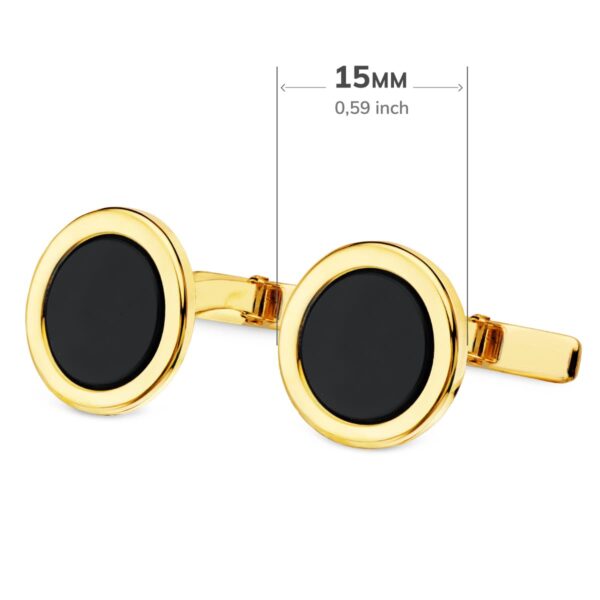18K GEMELOS ORO AMARILLO REDONDOS CON ONIX 15 MM CIERRE RIGIDO OSCILANTE - Imagen 3