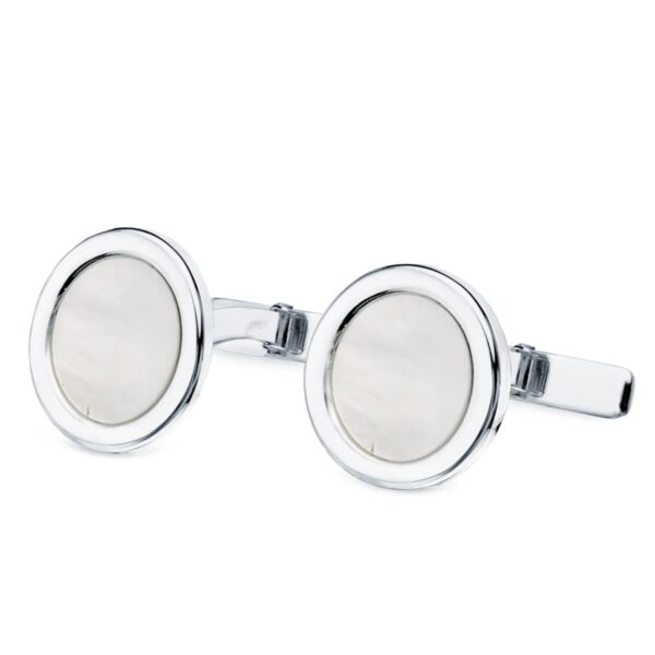 18K GEMELOS ORO BLANCO REDONDOS CON NACAR 15 MM CIERRE RIGIDO OSCILANTE