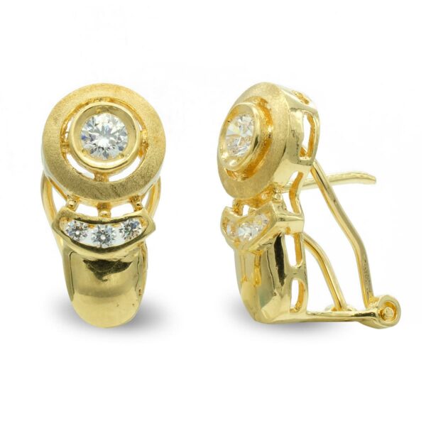 18K PENDIENTES ORO AMARILLO MATE Y BRILLO CIRCULO Y CIRCONITA CIERRE OMEGA
