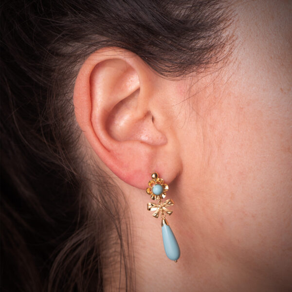 18K PENDIENTES ORO AMARILLO LAZO TURQUESAS. MEDIDA: 33X10 MM. CIERRE CATALAN - Imagen 2