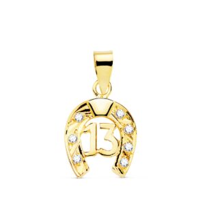 18K COLGANTE ORO AMARILLO HERRADURA CON CIRCONITA Y Nº 13. 13X11 MM