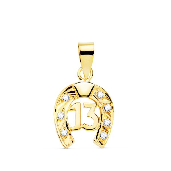 18K COLGANTE ORO AMARILLO HERRADURA CON CIRCONITA Y Nº 13. 13X11 MM