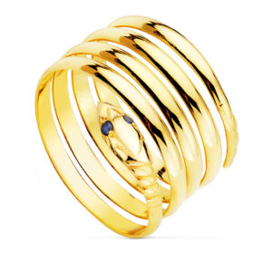9K SORTIJA ORO AMARILLO SERPIENTE 4 VUELTAS CON OJOS DE ZAFIROS. ANCHO: 15 MM