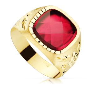 9K SELLO ORO AMARILLO HUECO PIEDRA ROJA LATERAL TALLADO 14 MM