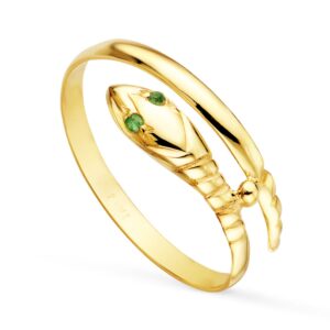 18K SORTIJA ORO AMARILLO SERPIENTE 1 VUELTA CON OJOS CIRCONITA VERDES.