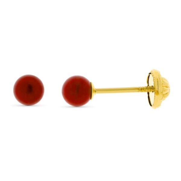 9K PENDIENTES ORO AMARILLO CORAL SINTETICO REDONDO 4 MM. CIERRE TUERCA