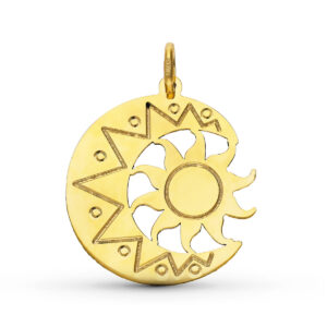 9K COLGANTE ORO AMARILLO LUNA CON SOL EN BRILLO. ALTO: 21 MM