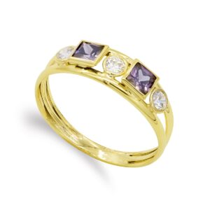 9K SORTIJA ORO AMARILLO DOBLE CUERPO CON CIRCONITAS BLANCAS Y COLOR AMATISTA. ANCHO: 4 MM