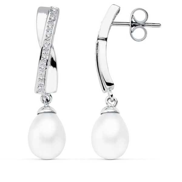 9K PENDIENTES ORO BLANCO PERLA 32X7 MM CIERRE PRESION