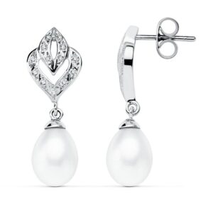 9K PENDIENTES ORO BLANCO PERLA 28X10 MM CIERRE PRESION