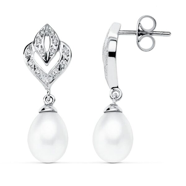 9K PENDIENTES ORO BLANCO PERLA 28X10 MM CIERRE PRESION