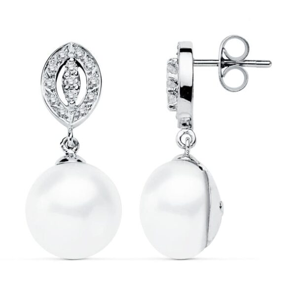 9K PENDIENTES ORO BLANCO PERLA 27X11 MM CIERRE PRESION