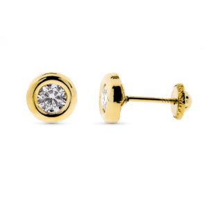 9K PENDIENTES ORO AMARILLO REDONDOS CHATON CIRCONITA 5 MM. CIERRE TUERCA