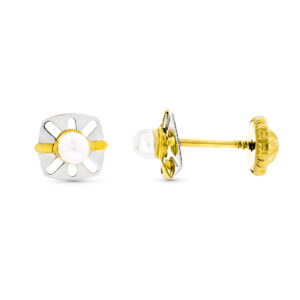 9K PENDIENTES ORO BICOLOR CALADOS CON PERLA 6X5 MM CIERRE TUERCA