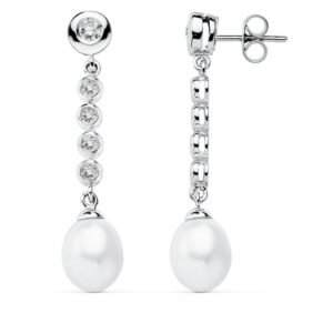 9K PENDIENTES ORO BLANCO PERLA 40X10 MM CIERRE PRESION