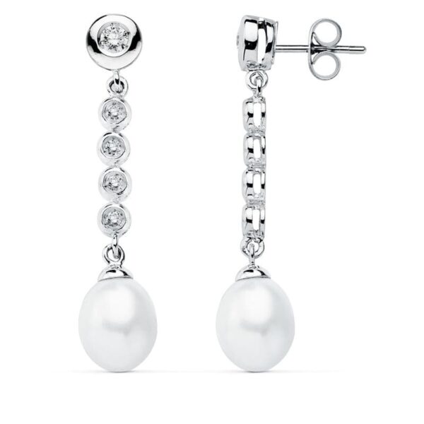 9K PENDIENTES ORO BLANCO PERLA 40X10 MM CIERRE PRESION