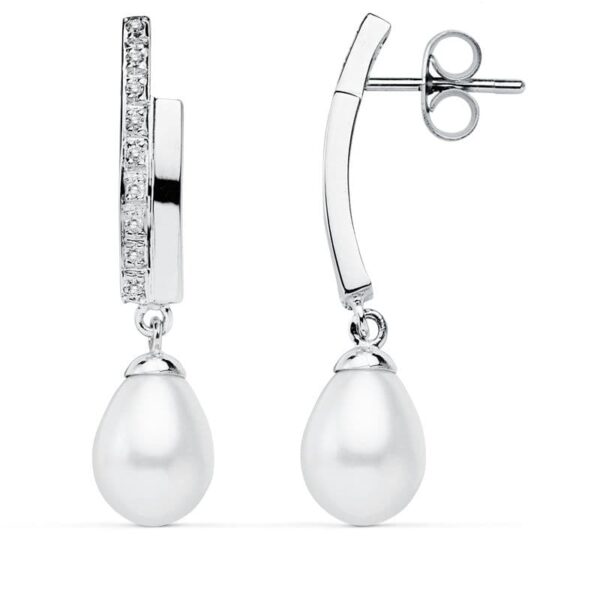 9K PENDIENTES ORO BLANCO PERLA 32X8 MM CIERRE PRESION