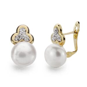 9K PENDIENTES ORO AMARILLO TREBOL Y PERLA 16X9 MM CIERRE CATALAN