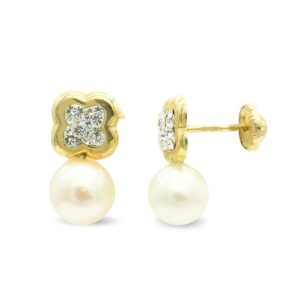 9K PENDIENTES ORO AMARILLO TU Y YO FLOR CON CIRCONITAS Y PERLA. 13X7 MM.CIERRE TUERCA