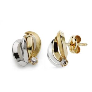 9K PENDIENTES ORO BICOLOR BANDAS CON CIRCONITA 10X9 MM CIERRE PRESION