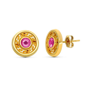 9K PENDIENTES ORO AMARILLO 11MM PIEDRA ROSA CIERRE PRESION