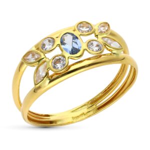 9K SORTIJA ORO AMARILLO DOBLE CUERPO CON AGUAMARINA Y CIRCONITAS. ANCHO 8 MM