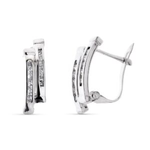9K PENDIENTES ORO BLANCO BANDAS CON CIRCONITA 15X5 MM CIERRE CATALAN