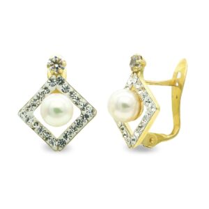 9K PENDIENTES ORO AMARILLO PERLA 4.5MM Y CIRCONITA CIERRE CATALAN