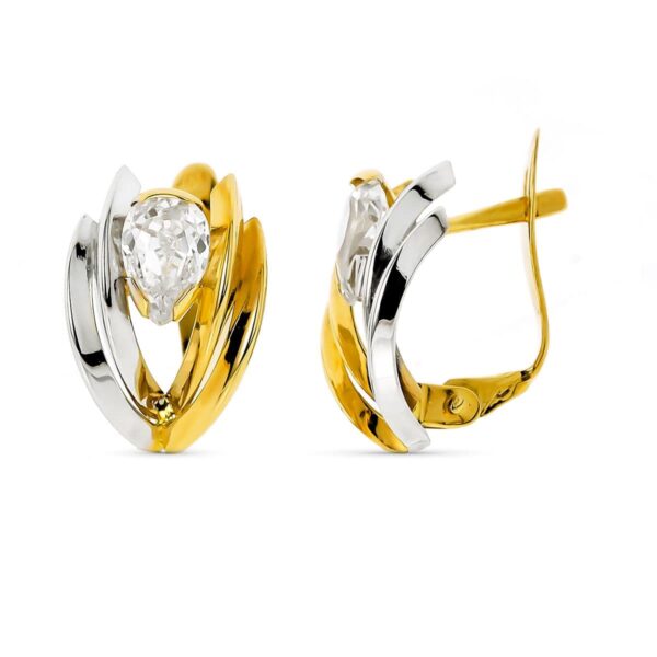 9K PENDIENTES ORO BICOLOR BANDAS CON CIRCONITA 5X4 MM CIERRE CATALAN
