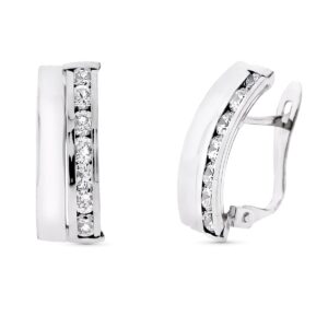 9K PENDIENTES ORO BLANCO BANDAS Y CIRCONITA 16X7 MM CIERRE CATALAN