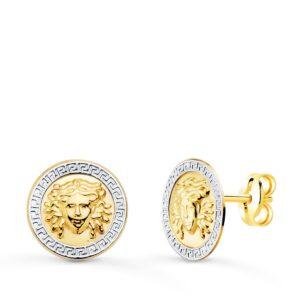 9K PENDIENTES ORO BICOLOR MEDUSA Y BORDE DE GRECA 10 MM CIERRE PRESION