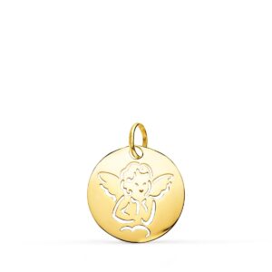 9K MEDALLA ORO AMARILLO ANGELITO ORO AMARILLO REDONDA CALADA TUMBO EN BRILLO 15 MM