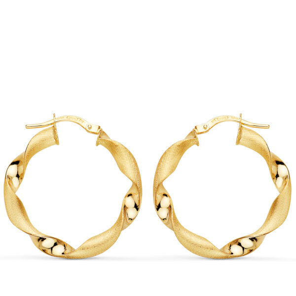 9K AROS ORO AMARILLO HUECOS RETORCIDOS MATE Y BRILLO 26 MM x3.75 MM