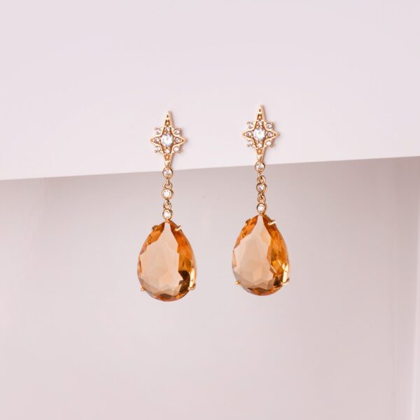 18K PENDIENTES ORO AMARILLO PIEDRA PERA COLOR CHAMPAGNE. 41 X 13 MM CIERRE PRESION - Imagen 2