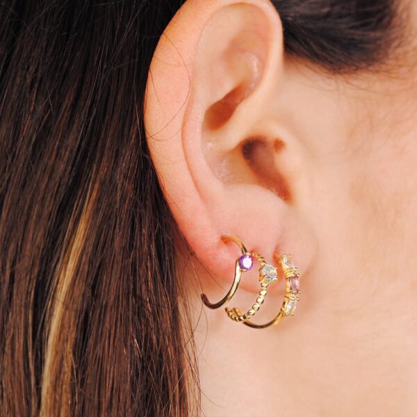 18K PENDIENTES ORO AMARILLO MEDIO ARO AMATISTA TALLA MARQUISE. 15X2 MM PRESION - Imagen 3