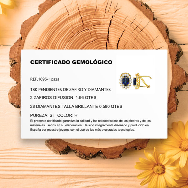 18K PENDIENTES ORO AMARILLO ZAFIRO 7X5 MM 1,96QT Y DIAMANTES 0.580QT SI H. 11,5X9,5 MM CIERRE OMEGA - Imagen 2