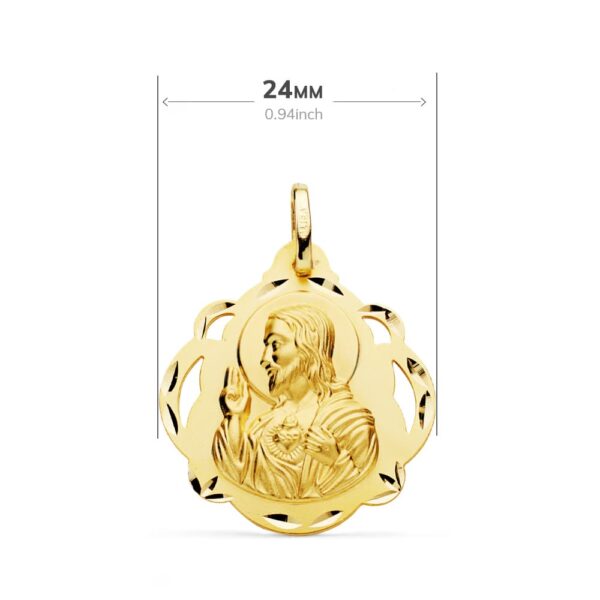 18K ESCAPULARIO ORO AMARILLO VIRGEN DEL CARMEN Y CORAZON DE JESUS PANDERETA CALADA 24 MM - Imagen 2