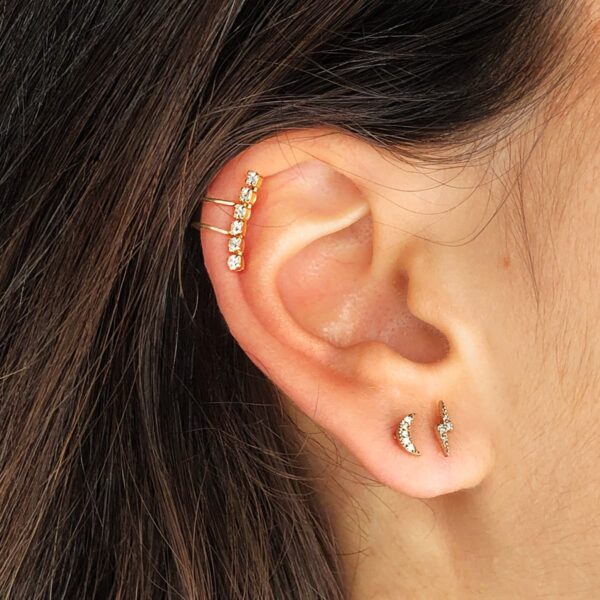 18K PENDIENTES EAR CUFF CARTILAGO OREJA ORO AMARILLO CIRCONITA 15 MM ALTO - Imagen 2