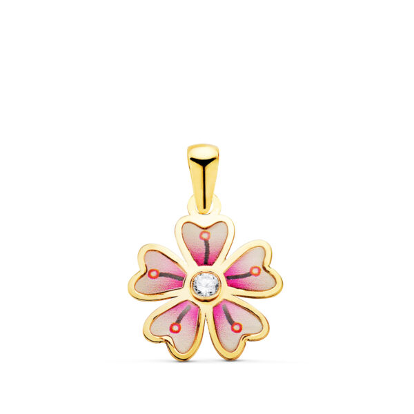 18K COLGANTE ORO AMARILLO FLOR 5 PETALOS CON ESMALTE COLOR Y CIRCONITA. 13 X 11 MM
