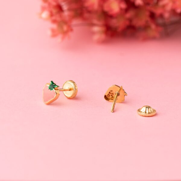 18K PENDIENTES ORO AMARILLO FRESA ESMALTE ROSA 6 X 5 MM. CIERRE TUERCA - Imagen 2