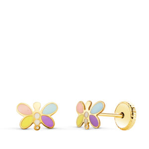 18K PENDIENTES ORO AMARILLO LIBELULA ESMALTE PASTEL 7 X 5 MM. CIERRE TUERCA
