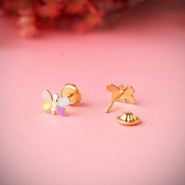 18K PENDIENTES ORO AMARILLO LIBELULA ESMALTE PASTEL 7 X 5 MM. CIERRE TUERCA - Imagen 2