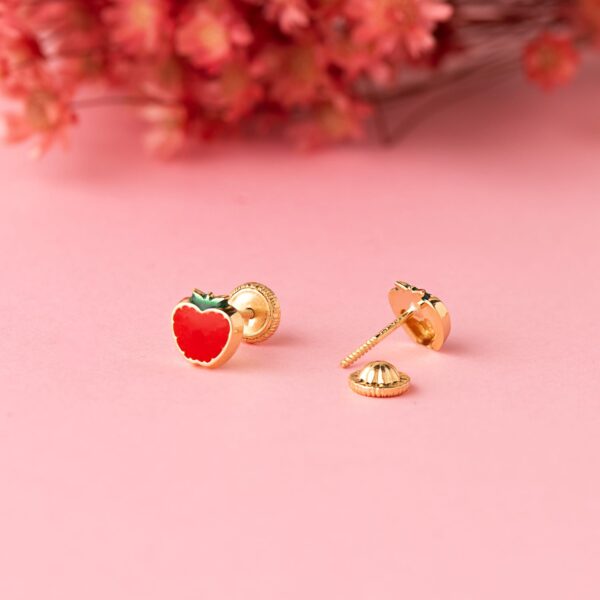 18K PENDIENTES ORO AMARILLO MANZANA ESMALTE ROJO. 6 X 6 MM. CIERRE TUERCA - Imagen 2