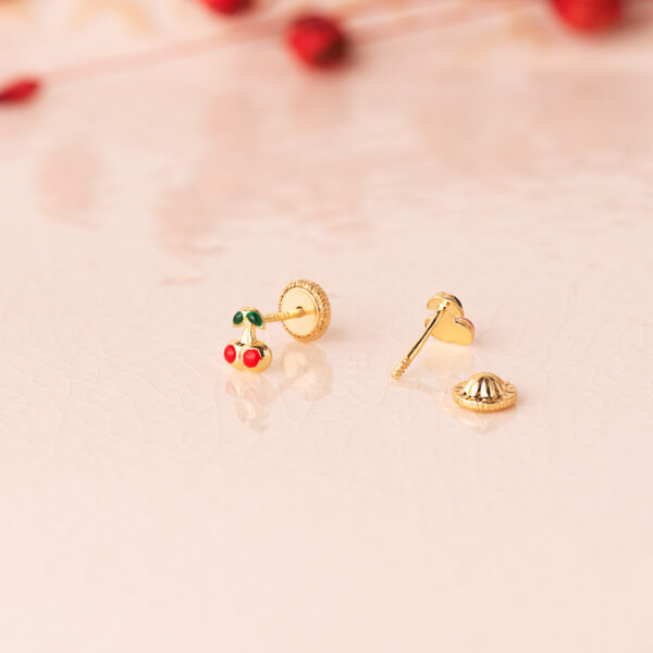 18K PENDIENTES ORO AMARILLO CEREZAS ESMALTE 5X4 MM. CIERRE TUERCA - Imagen 2