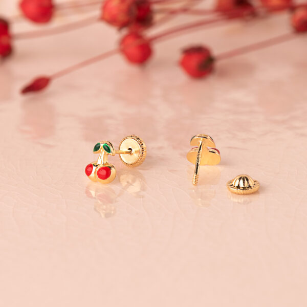 18K PENDIENTES ORO AMARILLO CEREZAS ESMALTE 6X5 MM. CIERRE TUERCA - Imagen 2