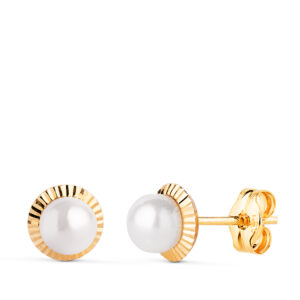 18K PENDIENTES ORO AMARILLO PERLA ORLA TALLADA 7 MM CIERRE PRESION