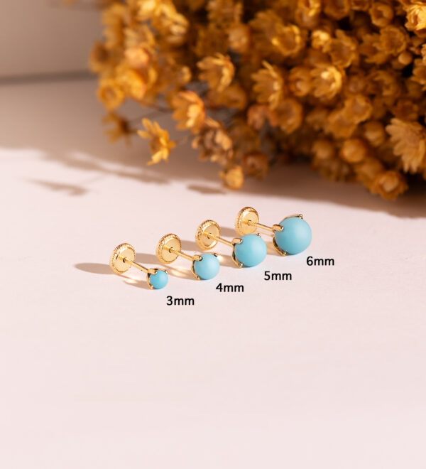 18K PENDIENTES ORO AMARILLO TURQUESA CON 4 GARRAS. MEDIDA: 3 MM. CIERRE TUERCA - Imagen 2