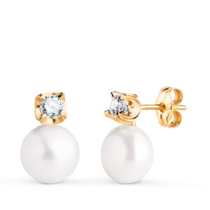 18K PENDIENTES ORO AMARILLO TU Y YO PERLA CON CIRCONITA. MEDIDA: 12 X 7 MM. CIERRE PRESION